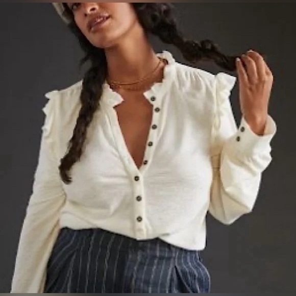 Anthropologie Tops - Anthropologie Pilcro Ruffled Henley Boho Top Cotton Modal Blend Casual Size XS